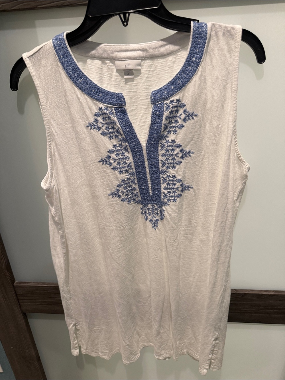 J. Jill White Tank with Blue Embroidered Yoke